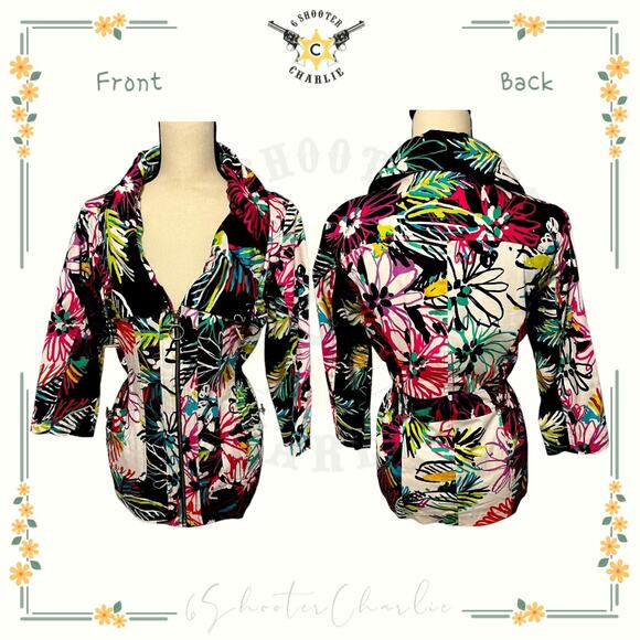 BEREK2 Multicolor Floral Ruffled Collar Zip Jacket Neiman Marcus Size Small - Picture 1 of 4